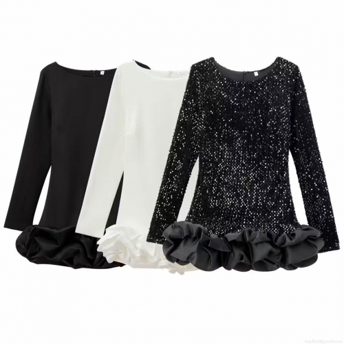 Women Elegant Mini Dress Long Sleeve Round Neck Bubble Hem Ruffle Lotus Leaf Trim Party Dress Formal Evening Gown Sequin Solid Color Wedding Guest Dress