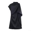 Women's Sexy Black Satin Asymmetric Mini Dress Elegant Halter Sleeveless Backless Draped Side Bodycon Dress For Party Evening Clubwear Summer Solid Color Dress