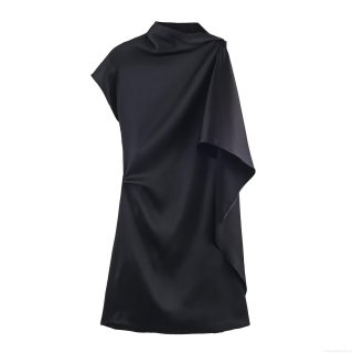 Women's Sexy Black Satin Asymmetric Mini Dress Elegant Halter Sleeveless Backless Draped Side Bodycon Dress For Party Evening Clubwear Summer Solid Color Dress