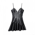 Women Sexy Black PU Leather Spaghetti Strap Mini Dress Ruffle Hem Asymmetric Bodycon Party Clubwear Faux Leather Sleeveless Dress