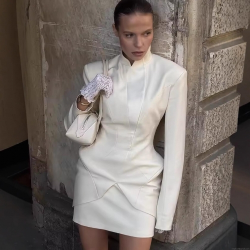 Elegant Women Stand Collar Structural Mini Dress Padded Shoulder Slim Fit Waist Tightening Long Sleeve Solid Color Fashion Party Suit Dress For Ladies