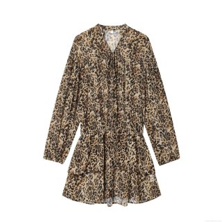 Women Elegant Leopard Print V-Neck Long Sleeve Mini Dress Tiered Ruffle Pearl Chiffon A-Line Dress Sexy Party Clubwear Dress for Women