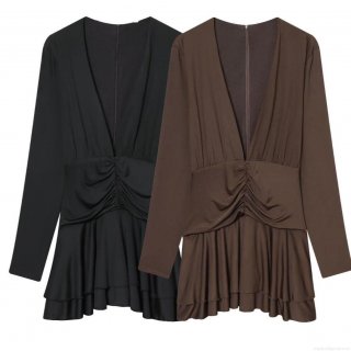 Sexy Deep V Neck Long Sleeve Pleated Bodycon Mini Dress for Women Elegant Double Layer Ruffle Hem Solid Color Polyester Slim Fit Party Clubwear Evening Outfits