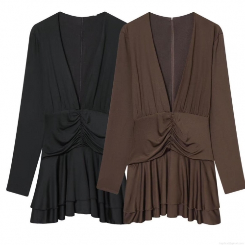 Sexy Deep V Neck Long Sleeve Pleated Bodycon Mini Dress for Women Elegant Double Layer Ruffle Hem Solid Color Polyester Slim Fit Party Clubwear Evening Outfits