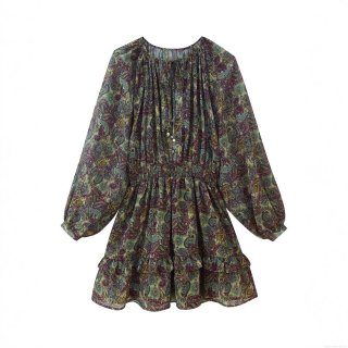 Women's Vintage Paisley Print Mini Dress Bohemian Long Sleeve Chiffon Polyester Dress With Gold Metallic Thread Ruffle Hem Vacation Party Dress