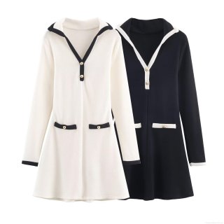 Women's Elegant Contrast Color Knit Mini Dress Long Sleeve A-Line Short Dress With Gold Buttons Chic Party Lady Style Autumn Knitwear