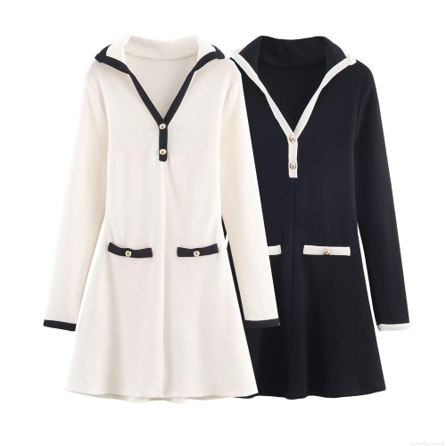 Women's Elegant Contrast Color Knit Mini Dress Long Sleeve A-Line Short Dress With Gold Buttons Chic Party Lady Style Autumn Knitwear