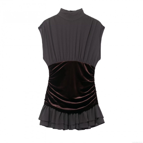 Women's Elegant Sleeveless Velvet Patchwork Mini Dress High Neck Ruffled Hem Bodycon Cocktail Party Dress For Ladies