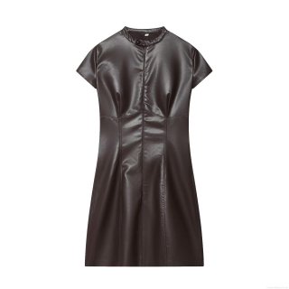 Women Sexy PU Leather Mini Dress Short Sleeve Zipper Front Stand Collar Slim Fit Bodycon Faux Leather Clubwear Party Fashion Dress