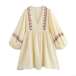 Women's Ethnic Embroidery Mini Dress Elegant V Neck Puff Sleeve Polyester Boho Casual Loose Sundress For Lady Party Beach Vacation