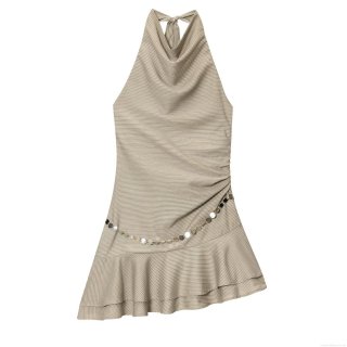 Women Halter Neck Striped Mini Dress with Metal Belt Elegant Sleeveless Ruffle Hem Polycotton Backless Sexy Summer Party Outfits