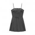 Women Pinstripe Mini Dress Sexy Spaghetti Strap Sleeveless Pleated Dress With Waist Tie Bow Dark Grey Suit Fabric Preppy Style Bodycon Short Dress For Summer Daily Party