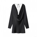Women's Sexy Black Satin Cowl Neck Mini Dress Elegant Long Sleeve Backless Tie-Back Draped Cocktail Party Dress For Ladies