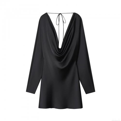Women's Sexy Black Satin Cowl Neck Mini Dress Elegant Long Sleeve Backless Tie-Back Draped Cocktail Party Dress For Ladies