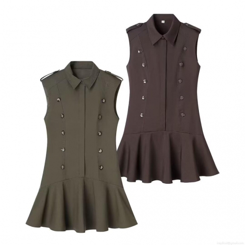 Women's Sleeveless Lapel Double Breasted Mini Dress Elegant Ruffle Hem Polyester Spandex Bodycon Dress for Party Club Evening Socialite Style