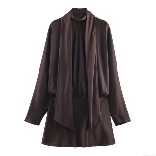 Women Elegant Satin Acetate Long Sleeve Mini Dress With Scarf Tie High Neck Chocolate Brown Silk Texture Bodycon Party Evening Wrap Dress Autumn Fashion