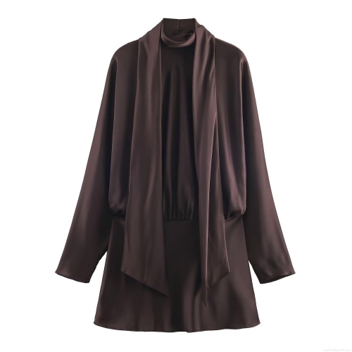 Women Elegant Satin Acetate Long Sleeve Mini Dress With Scarf Tie High Neck Chocolate Brown Silk Texture Bodycon Party Evening Wrap Dress Autumn Fashion