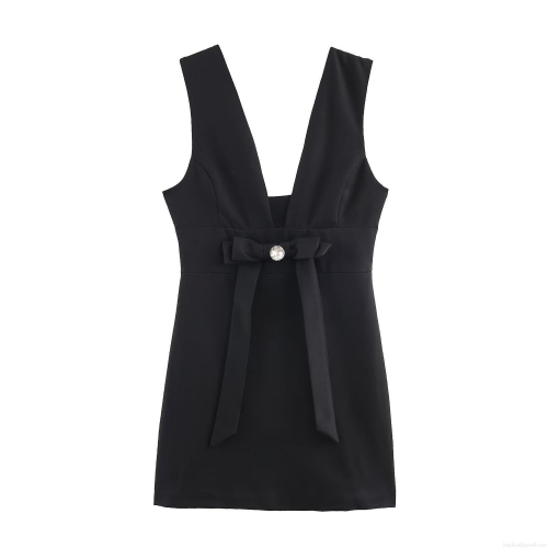 Women's Elegant Black Acetate Satin Mini Dress Sexy Deep V-Neck Sleeveless Bow Rhinestone Decorated Party Evening Clubwear Dress For Women