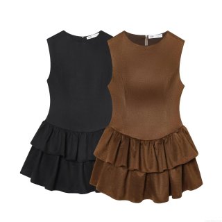 Women's Elegant Suede Ruffle Hem Mini Dress Sleeveless Crew Neck Layered Party Cocktail Dress Solid Color Socialite Style Tiered Skirt