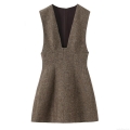 Women's Retro Deep V-Neck Sleeveless Tweed Mini Dress Fashion Sexy High Waist A-Line Socialite Party Short Dress Gray Brown Polyester Mixed Fiber