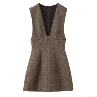 Women's Retro Deep V-Neck Sleeveless Tweed Mini Dress Fashion Sexy High Waist A-Line Socialite Party Short Dress Gray Brown Polyester Mixed Fiber
