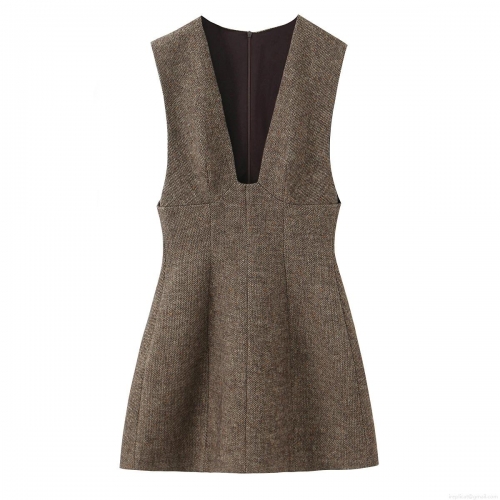 Women's Retro Deep V-Neck Sleeveless Tweed Mini Dress Fashion Sexy High Waist A-Line Socialite Party Short Dress Gray Brown Polyester Mixed Fiber