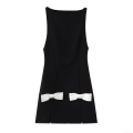 Women's Sexy Black Sleeveless Mini Dress Round Neck Retro A-Line Skirt With White Satin Bows Party Evening Dress