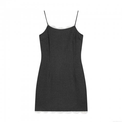 Women's Sexy Dark Grey Stripe Cami Mini Dress White Lace Trim Spaghetti Strap Slim Fit Backless Bodycon Dress For Party Clubwear