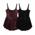 Women's Elegant Velvet Cami Mini Dress Sexy Bodycon Corset Style Pleated Sleeveless Party Club Night Out Dress For Lady