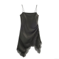 Women Sexy Satin and Lace Trim Slip Dress Sleeveless Spaghetti Strap Asymmetric Hem Mini Dress Clubwear Party Lingerie Style Camisole Top