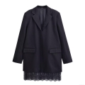 Women's Elegant Blazer Mini Dress With Lace Hem Patchwork Long Sleeve Deep V Neck Solid Black Fashion Suit Jacket Dress For Party Office Dating