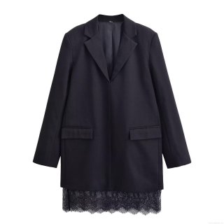Women's Elegant Blazer Mini Dress With Lace Hem Patchwork Long Sleeve Deep V Neck Solid Black Fashion Suit Jacket Dress For Party Office Dating