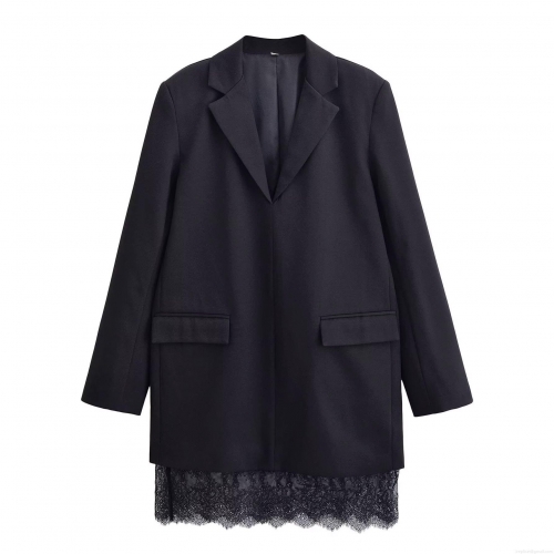 Women's Elegant Blazer Mini Dress With Lace Hem Patchwork Long Sleeve Deep V Neck Solid Black Fashion Suit Jacket Dress For Party Office Dating