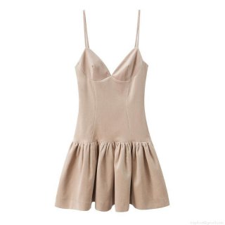 Women's Sexy Backless Velvet Mini Sling Dress Elegant Khaki Pleated Hem Spaghetti Strap Party Dress For Ladies