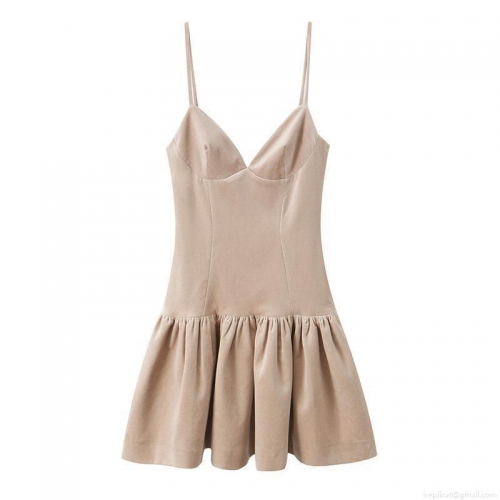 Women's Sexy Backless Velvet Mini Sling Dress Elegant Khaki Pleated Hem Spaghetti Strap Party Dress For Ladies