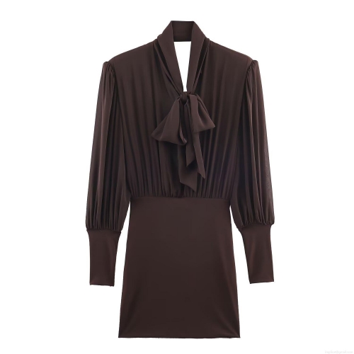 Elegant Women Bow Tie Neck Long Sleeve Mini Dress Acetate Satin Polyester Pleated Bodycon Slim Fit Short Dress For Party Evening Dating