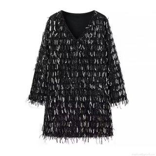 Women's Elegant Deep V-Neck Long Sleeve Sequin Fringe Mini Dress Sexy Solid Black Polyester Party Evening Bodycon Dress For Women