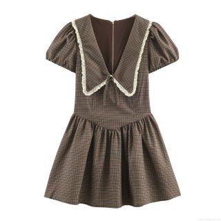 Retro Brown Plaid Mini Dress With White Lace Peter Pan Collar Bubble Short Sleeve A-Line Polyester Dress For Women Casual Party Summer Elegant Dress
