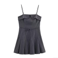 Women's Striped Mini Dress Spaghetti Strap Pleated Hem A-Line Dress with Tie Belt Elegant Dark Grey Polyester Sleeveless Dress for Party Dating Club