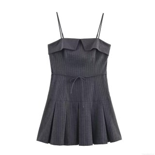 Women's Striped Mini Dress Spaghetti Strap Pleated Hem A-Line Dress with Tie Belt Elegant Dark Grey Polyester Sleeveless Dress for Party Dating Club