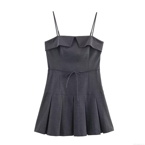Women's Striped Mini Dress Spaghetti Strap Pleated Hem A-Line Dress with Tie Belt Elegant Dark Grey Polyester Sleeveless Dress for Party Dating Club