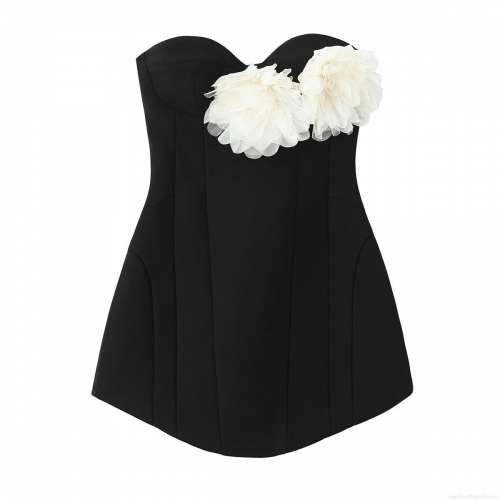 Women's Sexy Strapless Mini Dress Elegant 3D Flower Applique Bodycon Party Dress Polyester Blend Black White Sweetheart Neck Dress