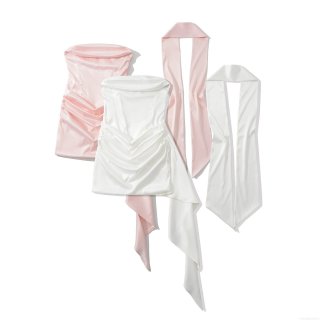 Women Sexy Tube Top Ruched Mini Dress High Stretch Satin Off Shoulder Sleeveless Bodycon Party Club Night Out Dress With Matching Scarf