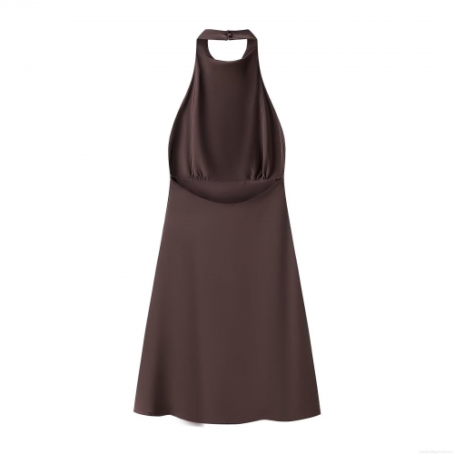 Women's Elegant Halter Neck Satin Mini Dress Backless Sleeveless Party Evening Cocktail A-Line Dress Solid Color Slim Fit S-L