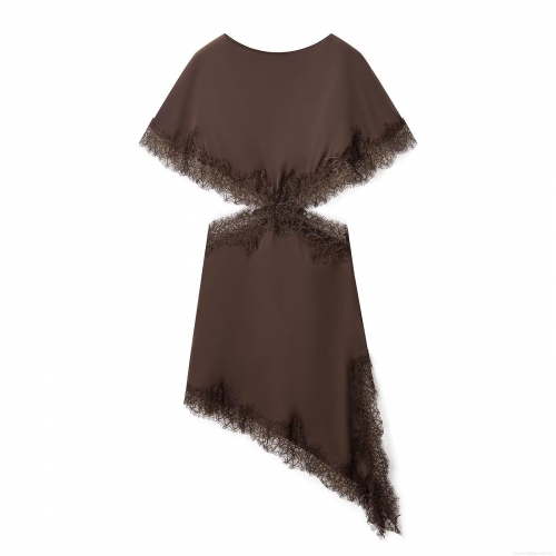 Sexy Satin Lace Cutout Mini Dress For Women Elegant Asymmetric Hem Sleeveless Party Club Evening Dress Coffee Solid Color Celebrity Style Bodycon Dress