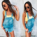 Women's Distressed Denim Overall Mini Dress Streetwear Washed Irregular Ripped Jean Suspender Dress For Summer Casual Sexy Lady Clothing