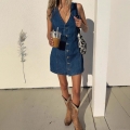 Women's Retro V-Neck Sleeveless Denim Mini Dress With Button Front And Back Tie-Up Detail Slim Fit High Waist Cotton Blend Sexy Streetwear Party Bodycon Dress