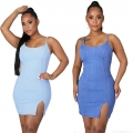 Women's Sexy Denim Cami Mini Dress Bodycon Split Hem Back Zipper Washed Jean Slim Fit Sleeveless Dress Streetwear Party Clubwear Ladies