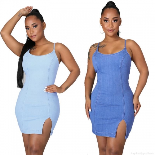 Women's Sexy Denim Cami Mini Dress Bodycon Split Hem Back Zipper Washed Jean Slim Fit Sleeveless Dress Streetwear Party Clubwear Ladies