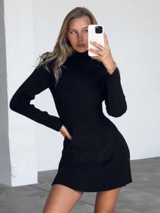 Women's Mock Neck Ribbed Knit Mini Dress Slim Fit Long Sleeve Bodycon Acrylic Wool Blend Solid Color Pullover Short Dress For Party Dating Daily Wear